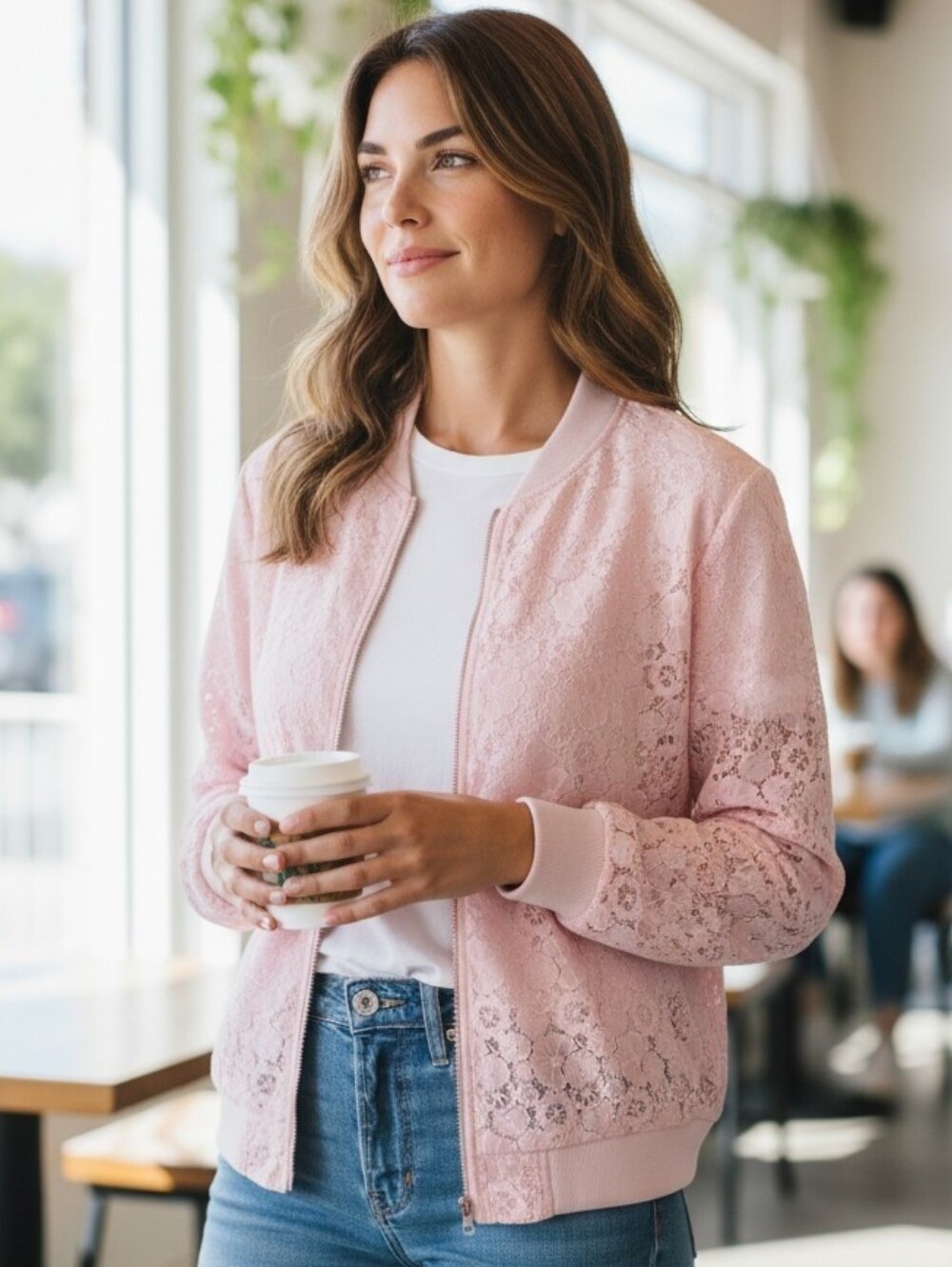 Lightweight Isaac Mizrahi Pale Pink Lace Bomber Jacket